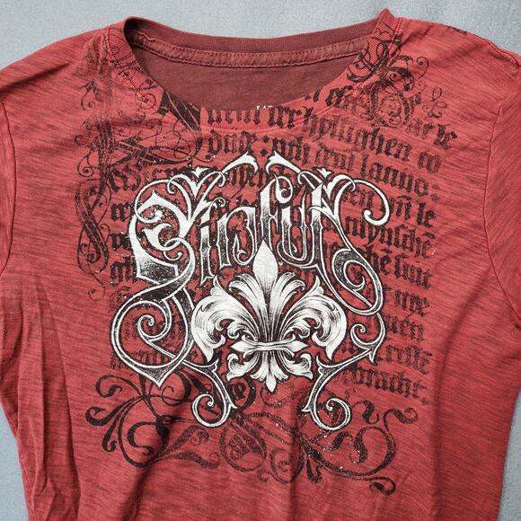 Sinful Affliction Womens Top Large Burgundy Glitter Fleur De Lis Grunge 90s Y2k - Picture 7 of 9